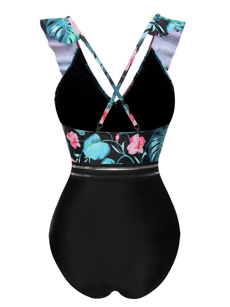 Multicolor 1950s Tropical Ruffle Swimsuit, vintage swimsuit, pin-up swimwear - perfect for women who love vintage and retro fashion