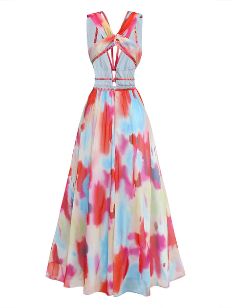 Multicolor 1950s Watercolor Halter Cutout Maxi Dress