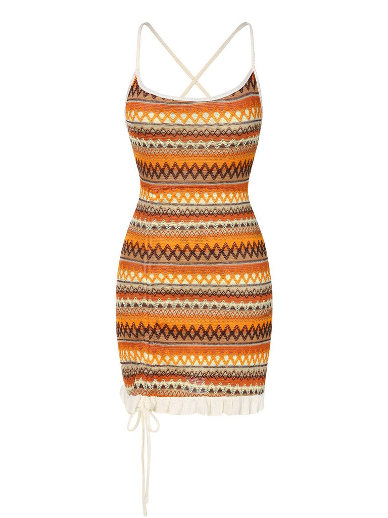 Multicolor 1960s Bohemian Drawstring Knit Straps Dress, vintage dress, retro fashion - perfect for women who love vintage and retro fashion