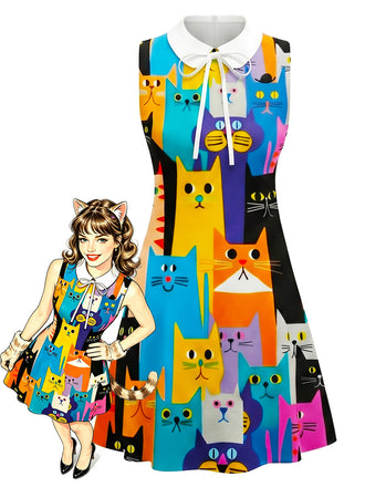 [Pre-Sale] Multicolor 1960s Cats A-Line Peter Pan Collar Dress, vintage dress, retro fashion - perfect for women who love vintage and retro fashion