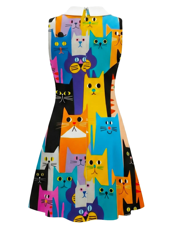 Women's Vintage Cats Peter Pan Collar Sleeveless Bow Tie A-Line Dress