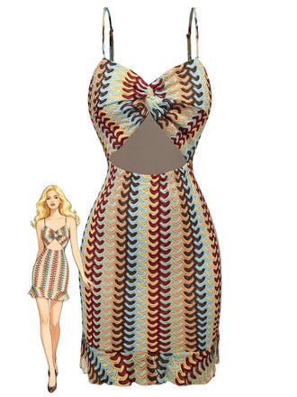 She slips into this Multicolor 1960s Crochet Cutout Twist Ruffled Hem Dress and suddenly it's a 1960s daydream