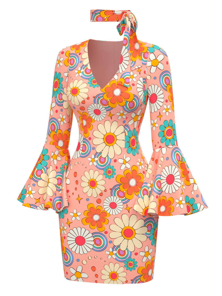 Multicolor 1960s Daisy Flare Sleeve Hippie Dress - vintage dress, retro fashion