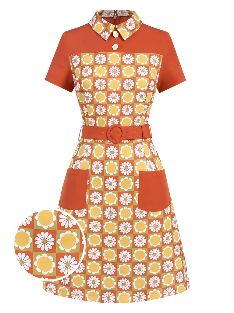Retro Stage 1960s Daisy Lapel Belted Mini Dress in Multicolor