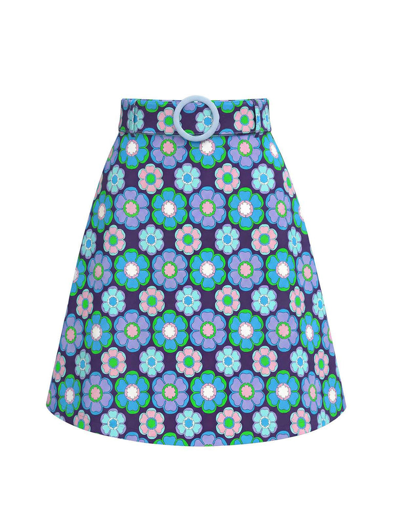 Floral patterned skirt with a belt on a white background