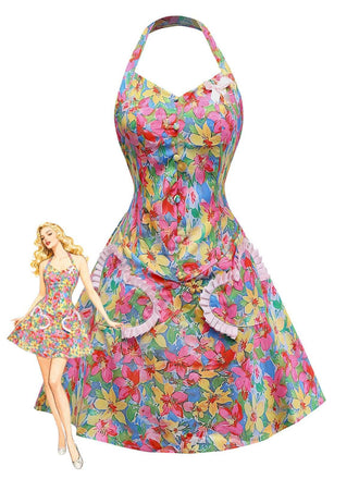 Multicolor 1960s Halter Floral Bow Heart Dress - vintage dress, retro fashion