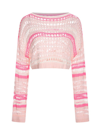 She pairs this Multicolor 1960s Hollow Knitted Cover-Up Tops with confidence and 1960s charm