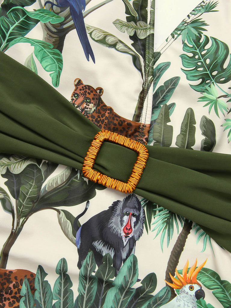 Multicolor 1960s Palm Leaf Swimsuit & Cover-Up — 1960s poolside glamour meets sun-drenched confidence