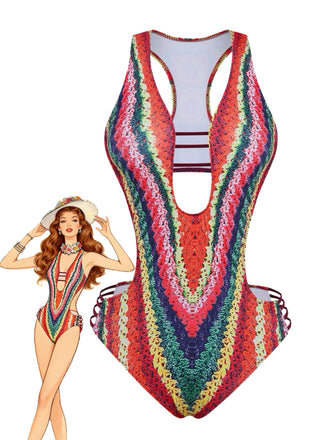 She's wearing Multicolor 1960s Rainbow Cutout Strappy Faux Crochet Swimsuit and the whole beach remembers the 1960s
