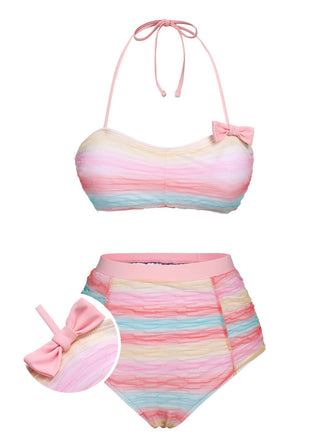Multicolor 1960s Rainbow Mesh Bow Swimsuit, vintage swimsuit, pin-up swimwear - perfect for women who love vintage and retro fashion