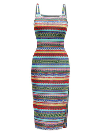 She slips into this Multicolor 1960s Suspender Side Slit Pencil Dress and suddenly it's a 1960s daydream