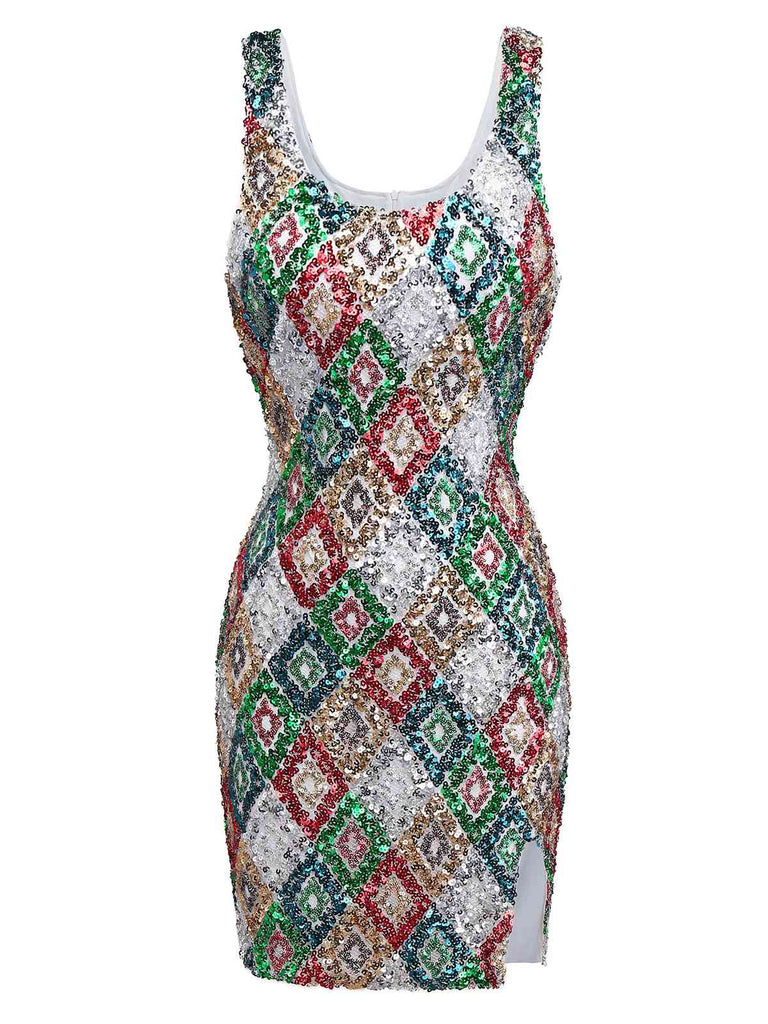 Multicolor 1970s Argyle Sequined Bodycon Dress - vintage dress, retro fashion