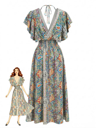 Multicolor 1970s Bohemia Ruffle Sleeve Smocked Dress - vintage dress, retro fashion for vintage lovers