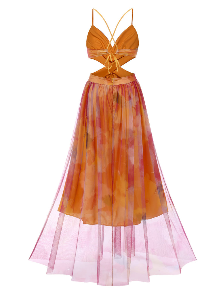 multicolor mesh dress 70s Boho Dress Women's Floral Tie-Back Mesh Backless Floor Length Dress