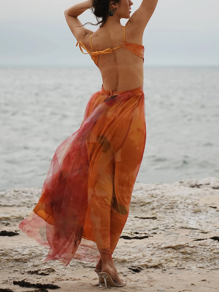 Multicolor 1970s Bohemian Tie-Back Floral Mesh Dress