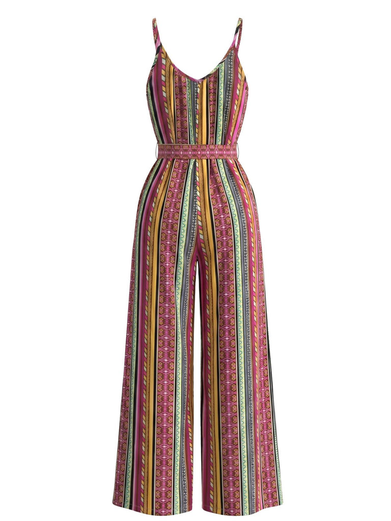 Multicolor 1950s Vintage Floral Striped Jumpsuit