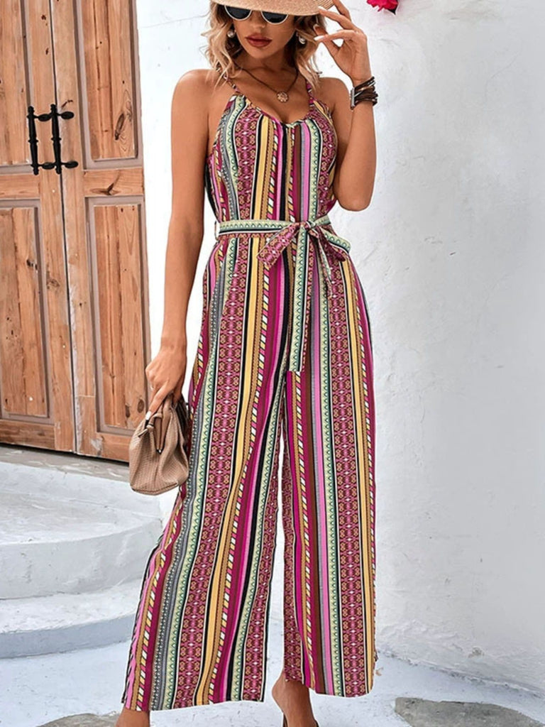 Multicolor 1950s Vintage Floral Striped Jumpsuit