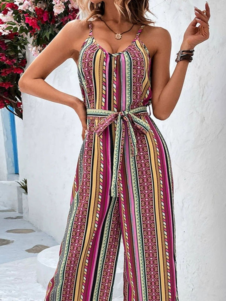 Multicolor 1950s Vintage Floral Striped Jumpsuit