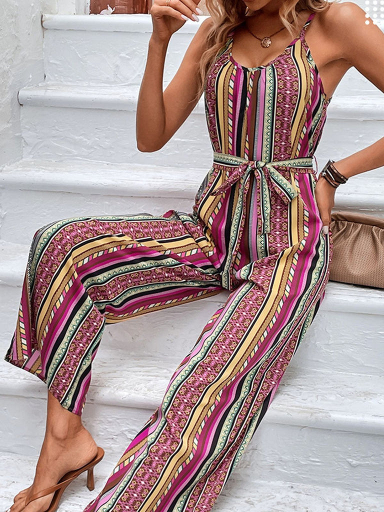 Multicolor 1950s Vintage Floral Striped Jumpsuit