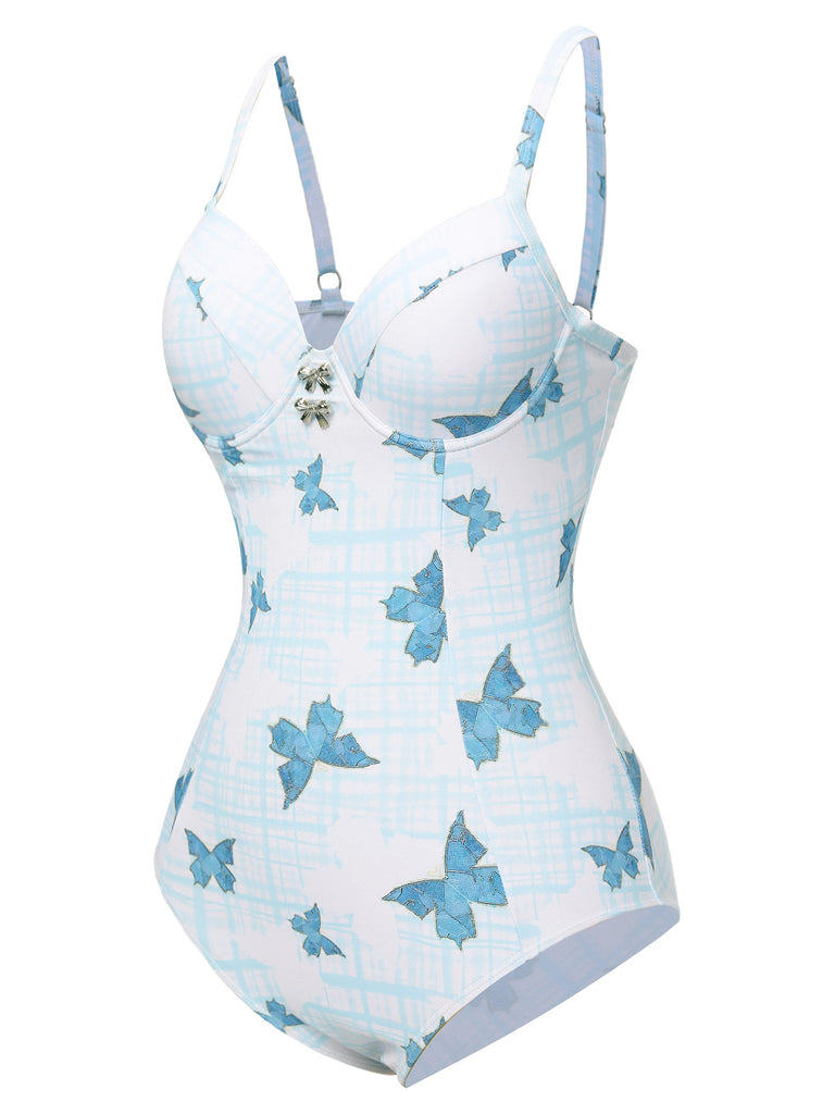 This Multicolor 1970s Butterfly Bow Strap Swimsuit carries 1970s vacation dreams in every stitch