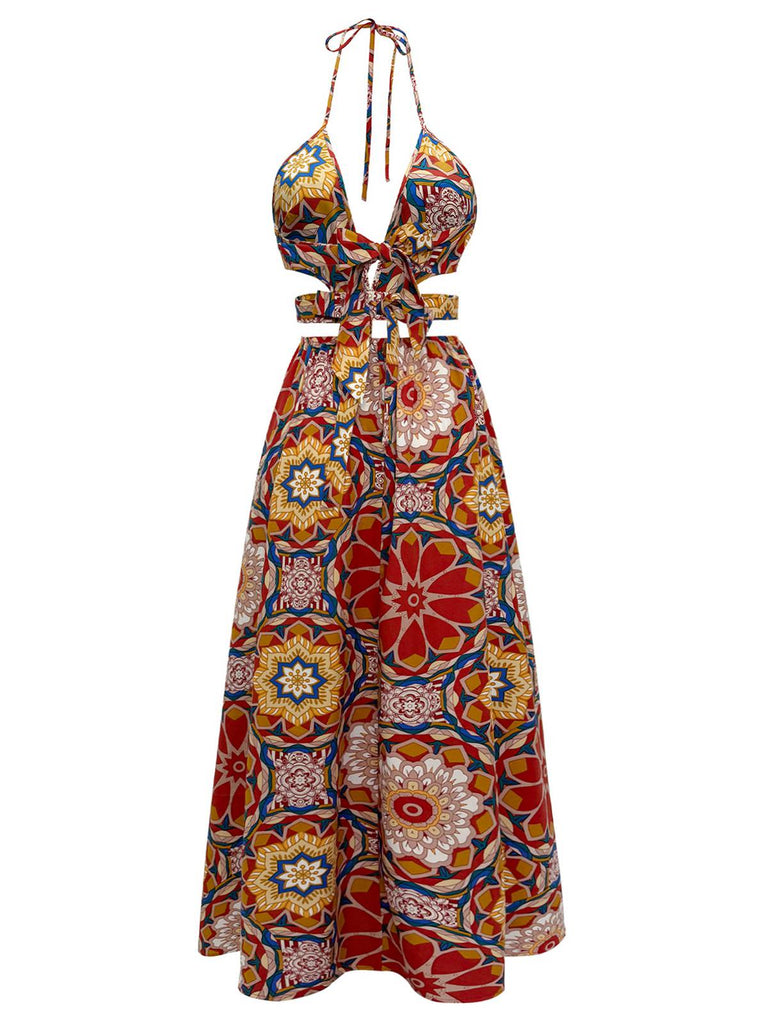 Multicolor 1970s Floral Bohemian Halter Dress: where 1970s romance meets her modern spirit