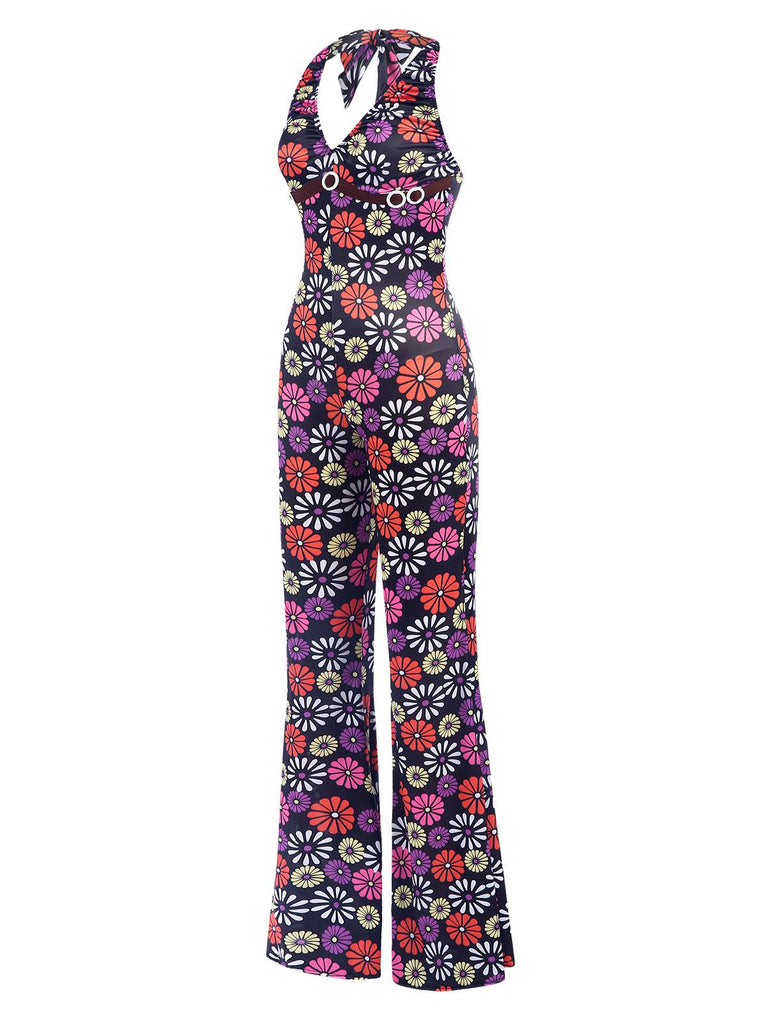 Multicolor 1970s Hippie Floral Halter Jumpsuit, vintage romper, retro jumpsuit - perfect for women who love vintage and retro fashion
