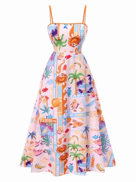 long dress with suspender Striped print flared Denim Suspender Maxi Plus Size Dress Multicolor 1970s Ocean Live Suspender