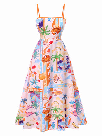 She slips into this Multicolor 1970s Ocean Live Suspender Maxi Dress and suddenly it's a 1970s daydream