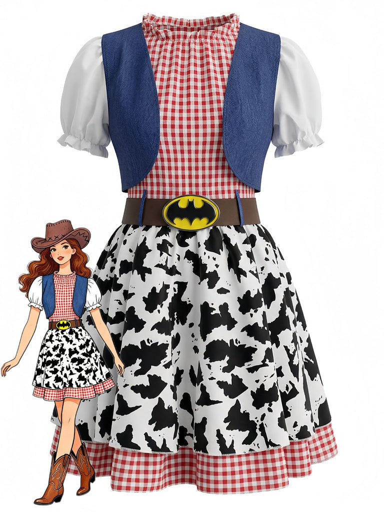 Multicolor 1970s Plaid Bats Cow Skin Patchwork Dress - vintage dress, retro fashion for vintage lovers