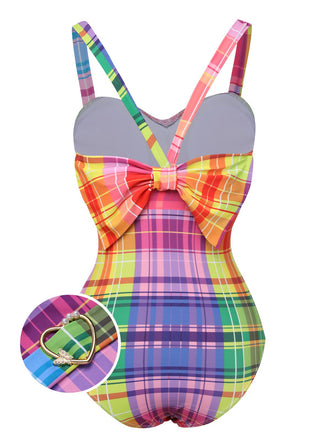 Multicolor 1970s Rainbow Plaid Bow Swimsuit, vintage swimsuit, pin-up swimwear - perfect for women who love vintage and retro fashion