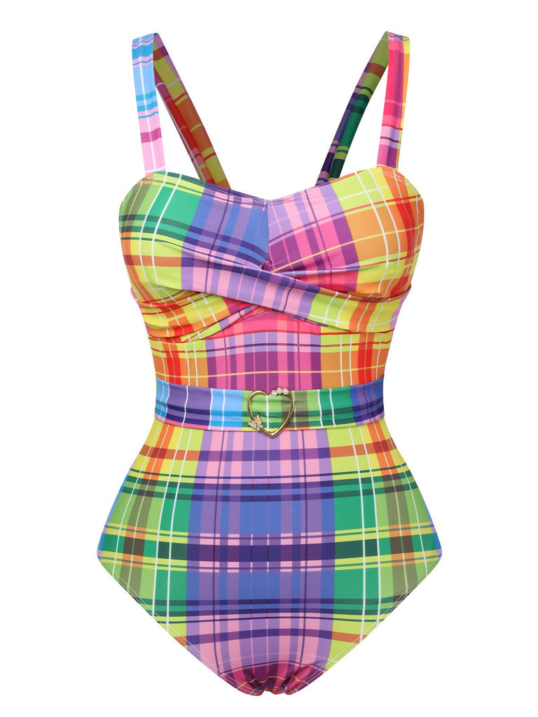 Multicolor 1970s Rainbow Plaid Bow Swimsuit, vintage swimsuit, pin-up swimwear - perfect for women who love vintage and retro fashion