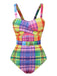 Multicolor 1970s Rainbow Plaid Bow Swimsuit, vintage swimsuit, pin-up swimwear - perfect for women who love vintage and retro fashion