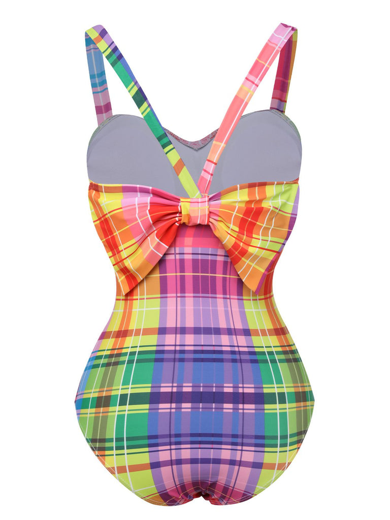 Multicolor 1970s Rainbow Plaid Bow Swimsuit, vintage swimsuit, pin-up swimwear - perfect for women who love vintage and retro fashion