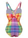 This Multicolor 1970s Rainbow Plaid Bow Swimsuit carries 1970s vacation dreams in every stitch