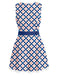 Dress with pink and blue geometric pattern on a white background