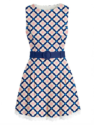 Dress with blue and pink geometric pattern on a white background