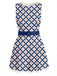 Dress with blue and pink geometric pattern on a white background