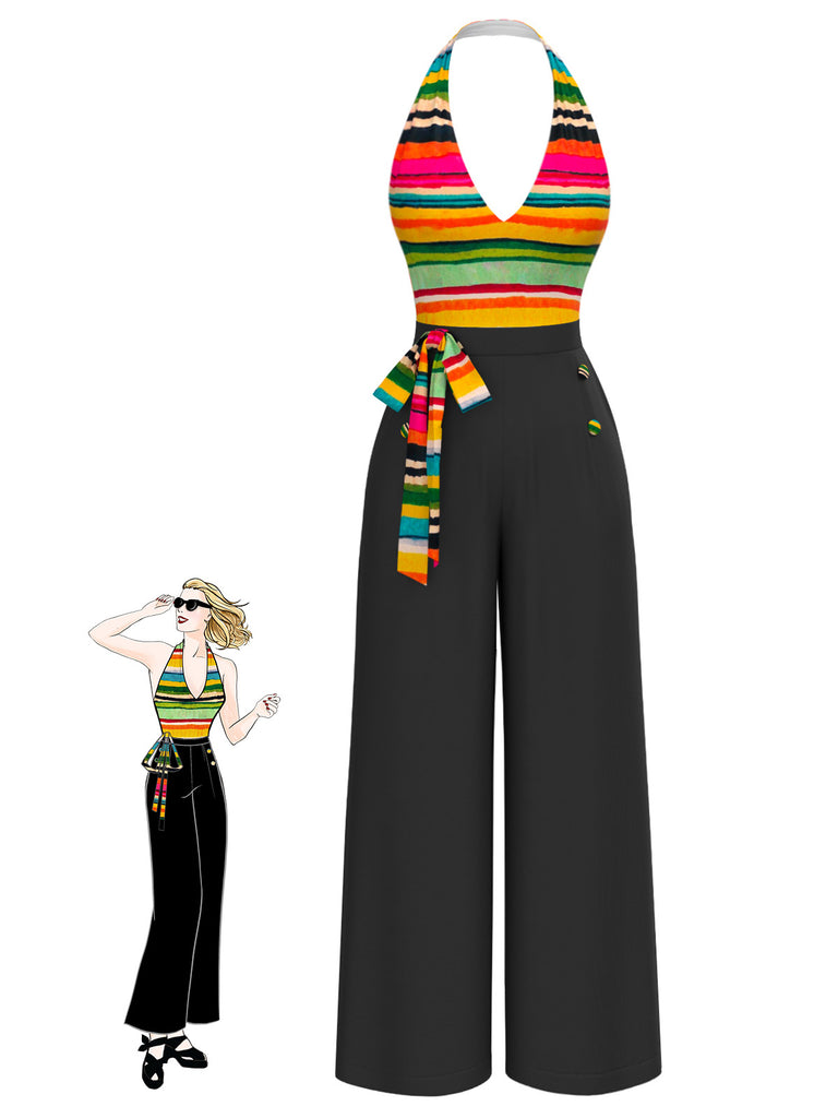 She finds her 1970s story in this Multicolor 1970s Striped Bow Halter Jumpsuit