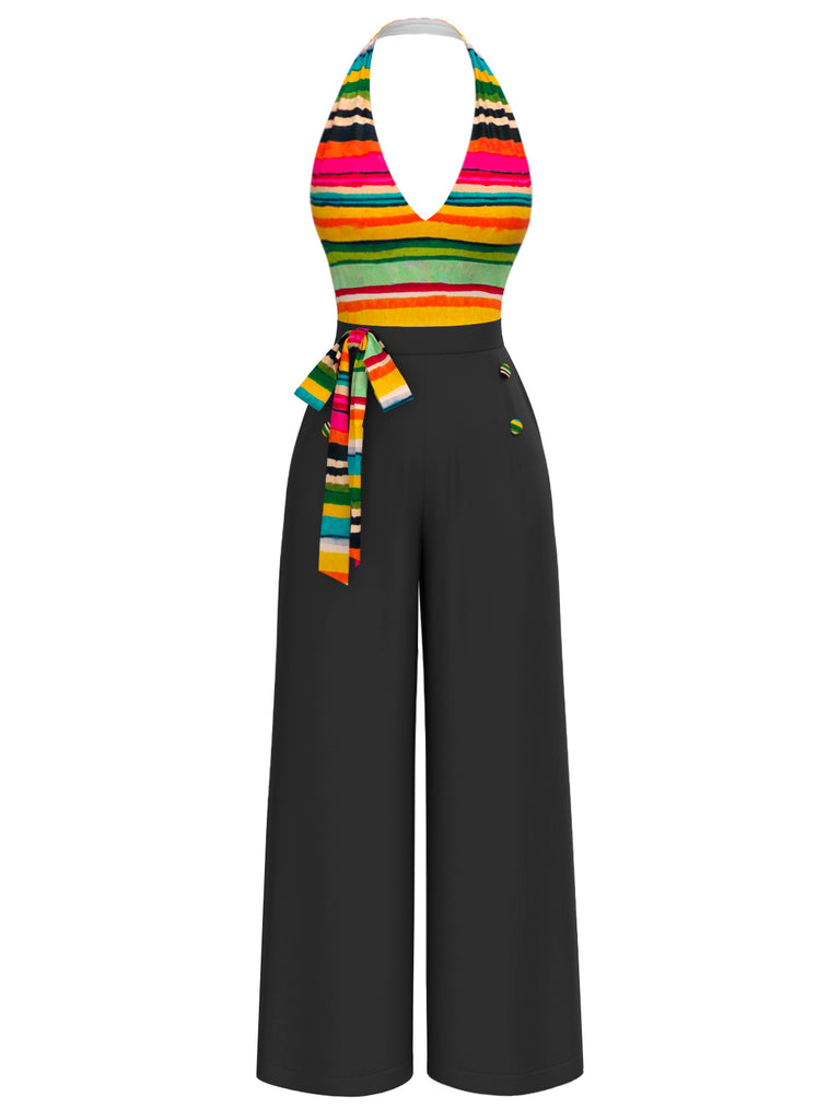 Multicolor 1970s Striped Bow Halter Jumpsuit: timeless 1970s elegance she makes her own
