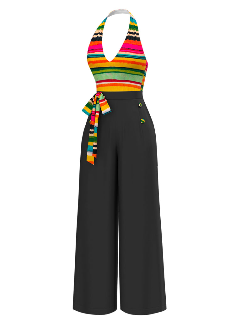 This Multicolor 1970s Striped Bow Halter Jumpsuit whispers 1970s secrets to those who notice