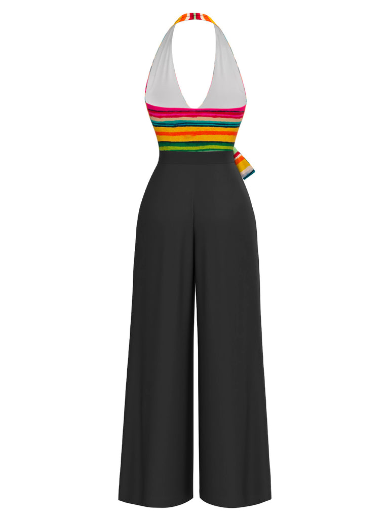 Multicolor 1970s Striped Bow Halter Jumpsuit — 1970s style that transcends decades