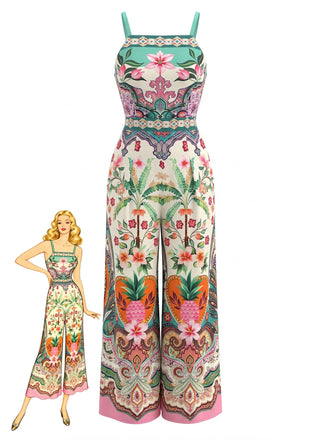 Multicolor 1970s Tropical Pineapple Print Wide-Leg Jumpsuit - vintage romper, retro jumpsuit for vintage lovers