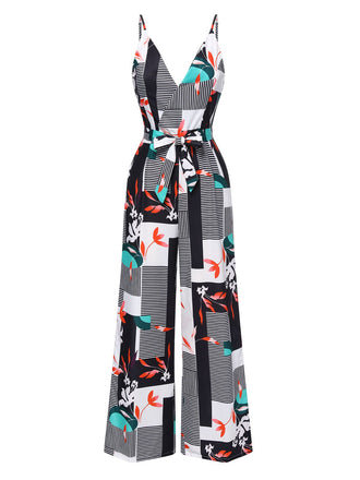 She finds her 1970s story in this Multicolor 1970s V-Neck Geometric Plant Straps Jumpsuit