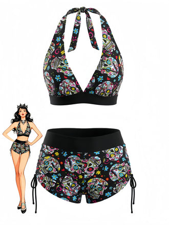 Multicolor 1980s Sugar Skull Halter Gothic Bikini Set, vintage swimsuit, pin-up swimwear - perfect for women who love vintage and retro fashion