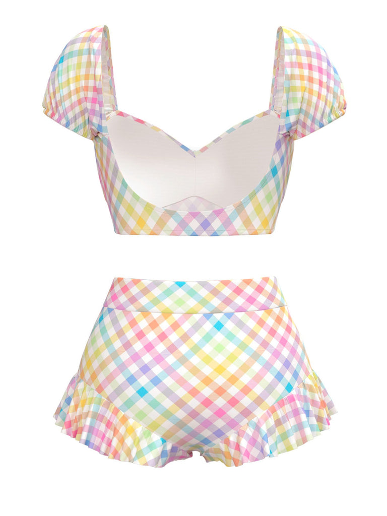 Multicolor Stars 1970s Puff Gingham Plaid Bikini Set - vintage swimwear, retro swimsuit, pin-up style for vintage lovers