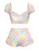 Multicolor Stars 1970s Puff Gingham Plaid Bikini Set - vintage swimwear, retro swimsuit, pin-up style for vintage lovers