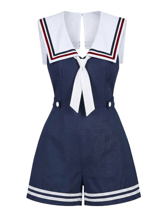Navy-1930s-Sailor-Collar-Striped-Button-Romper, vintage, retro, romper