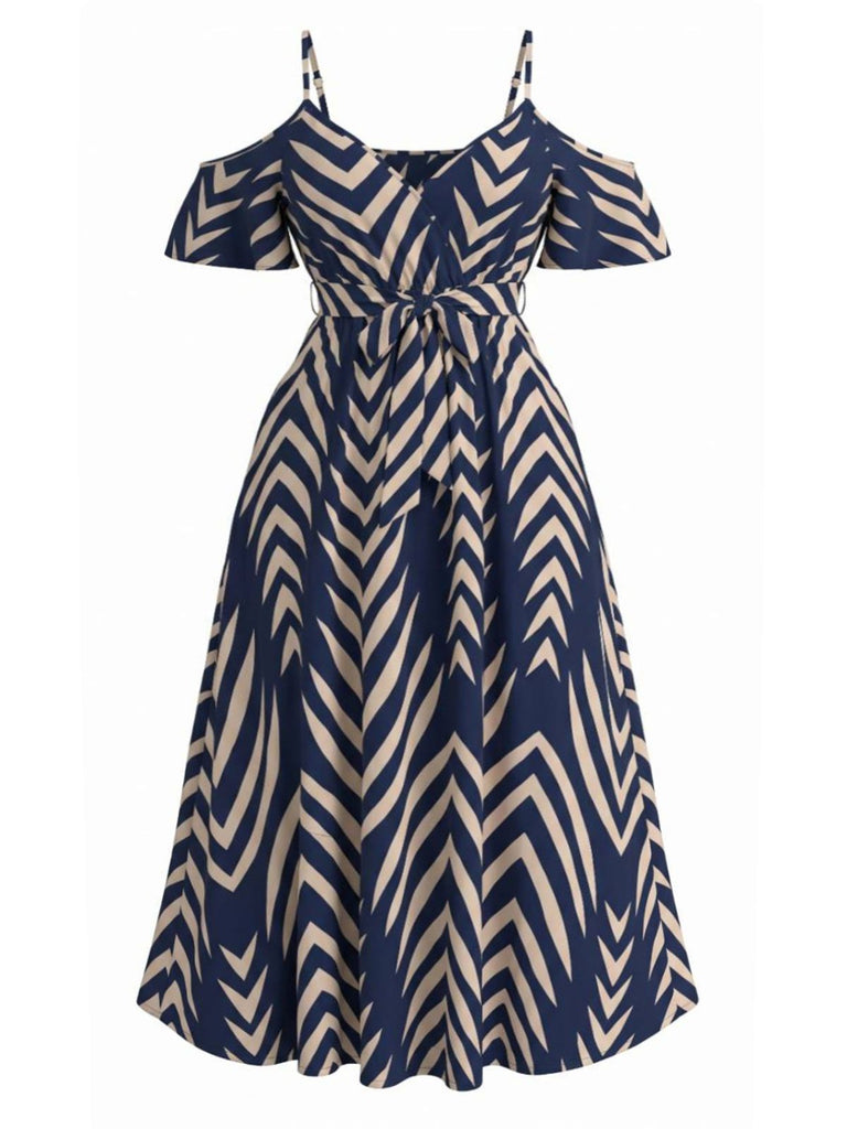 Plus Size Blue 1950s Floral Ruffle Striped Dress 3