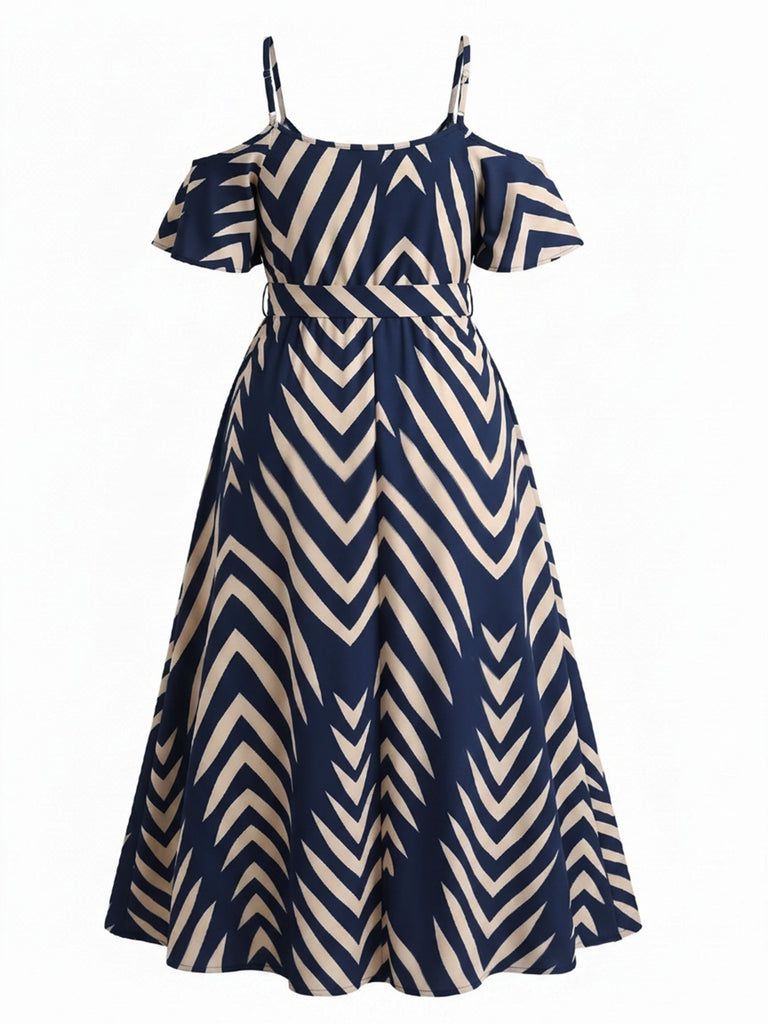 Plus Size Blue 1950s Floral Ruffle Striped Dress 4