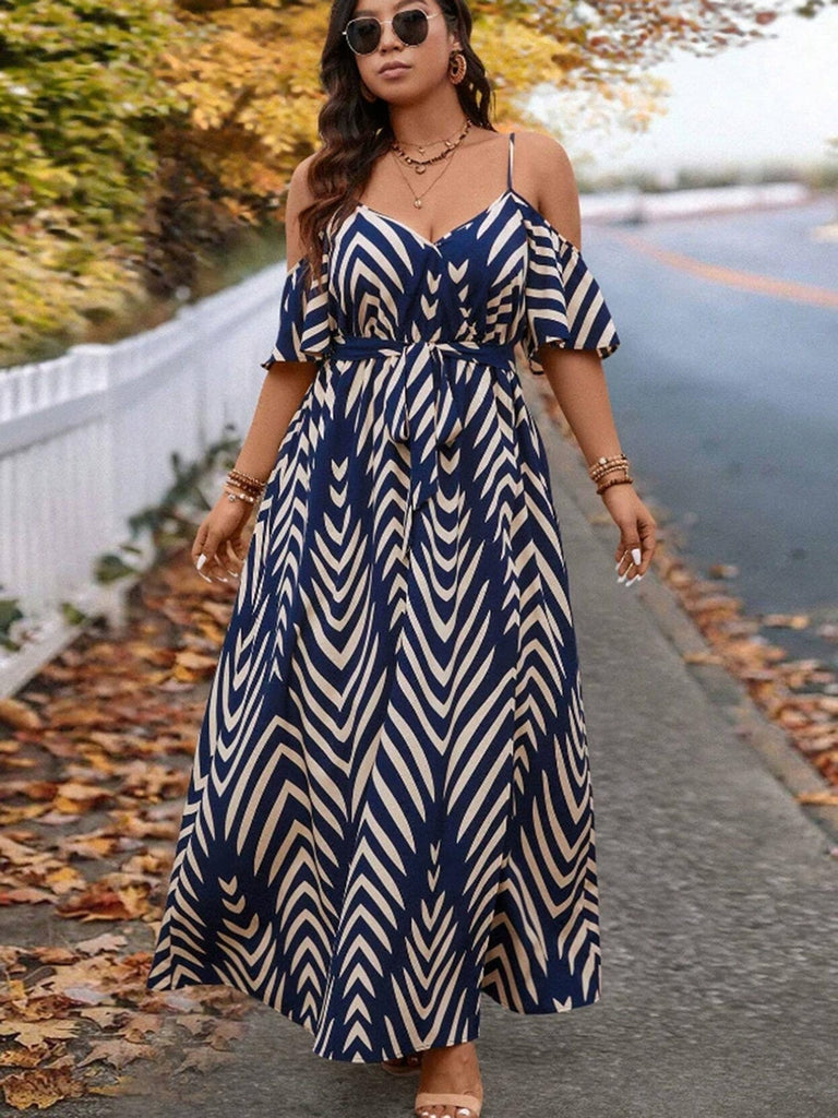 Plus Size Blue 1950s Floral Ruffle Striped Dress 5